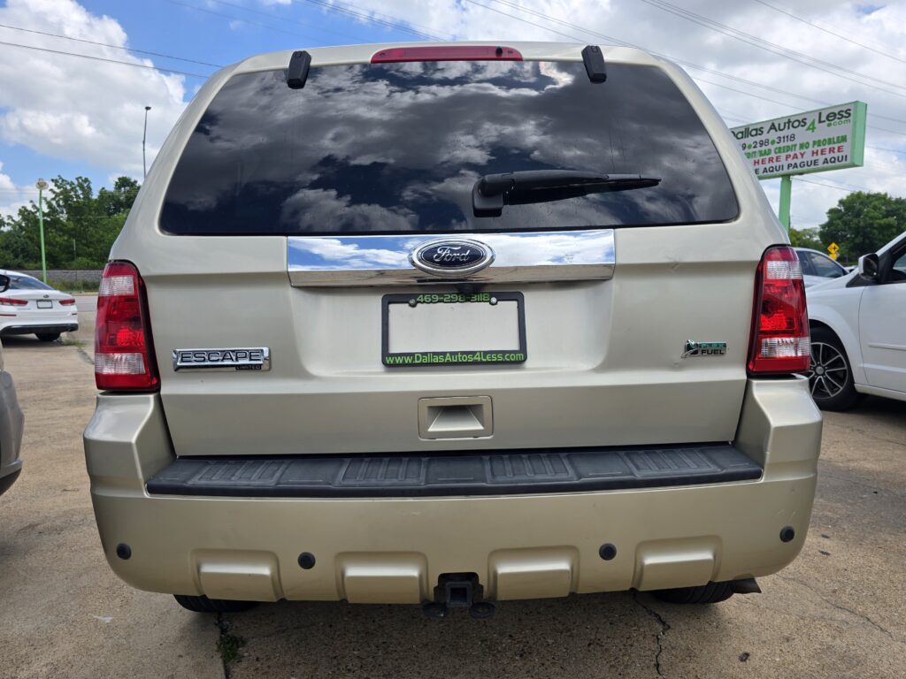 Rear view of a beige Ford Escape SUV, showing the tailgate with Ford emblem, rear wiper, and chrome trim; license plate area in the center and a tow hitch below.