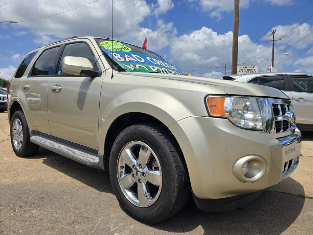 Beige SUV shown from the front side with a bright windshield banner that reads 2010, parked at a sunny used-car dealership lot.